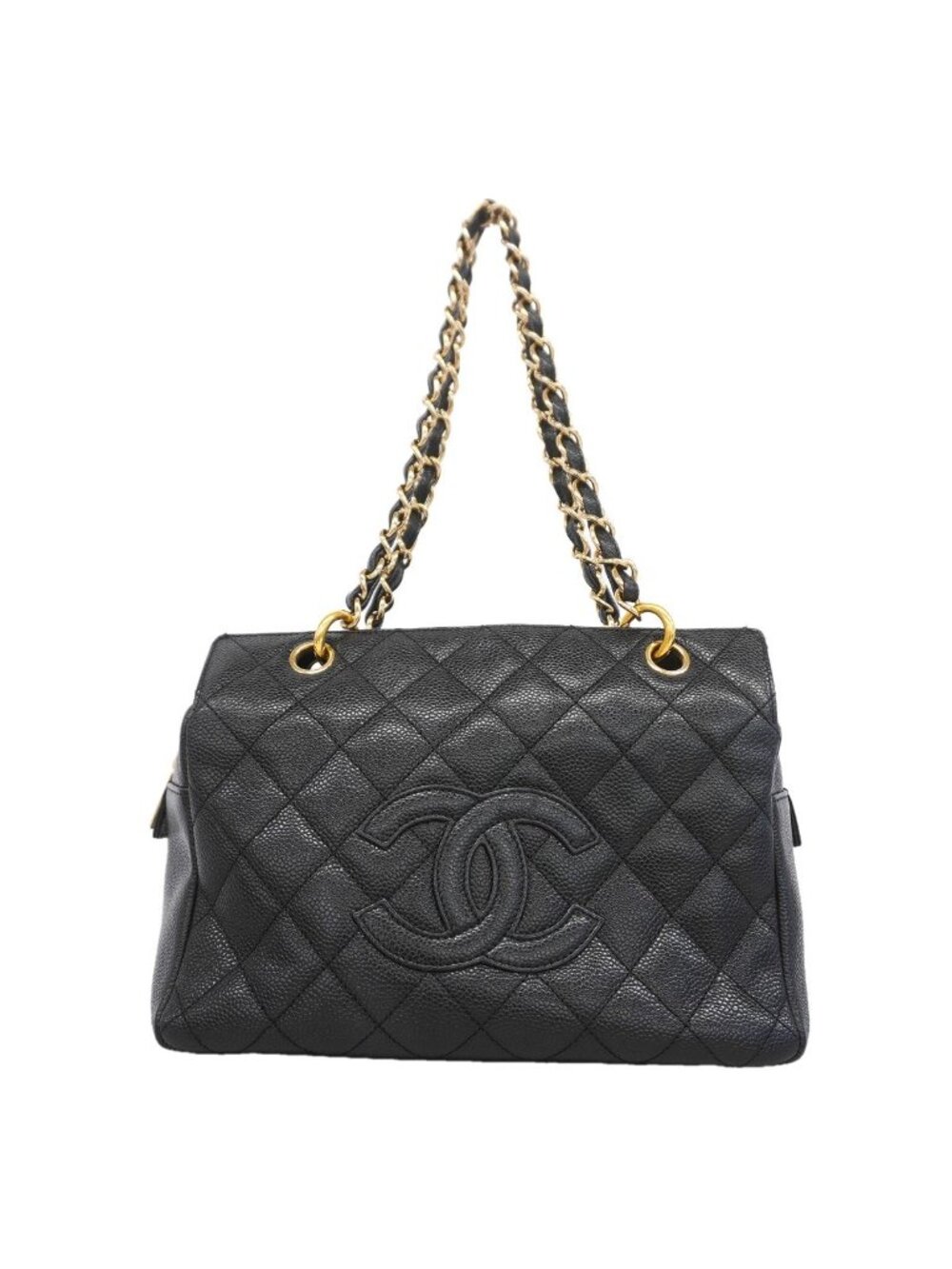 Chanel Chain Tote Bag Quilted Caviar Leather Black Gold